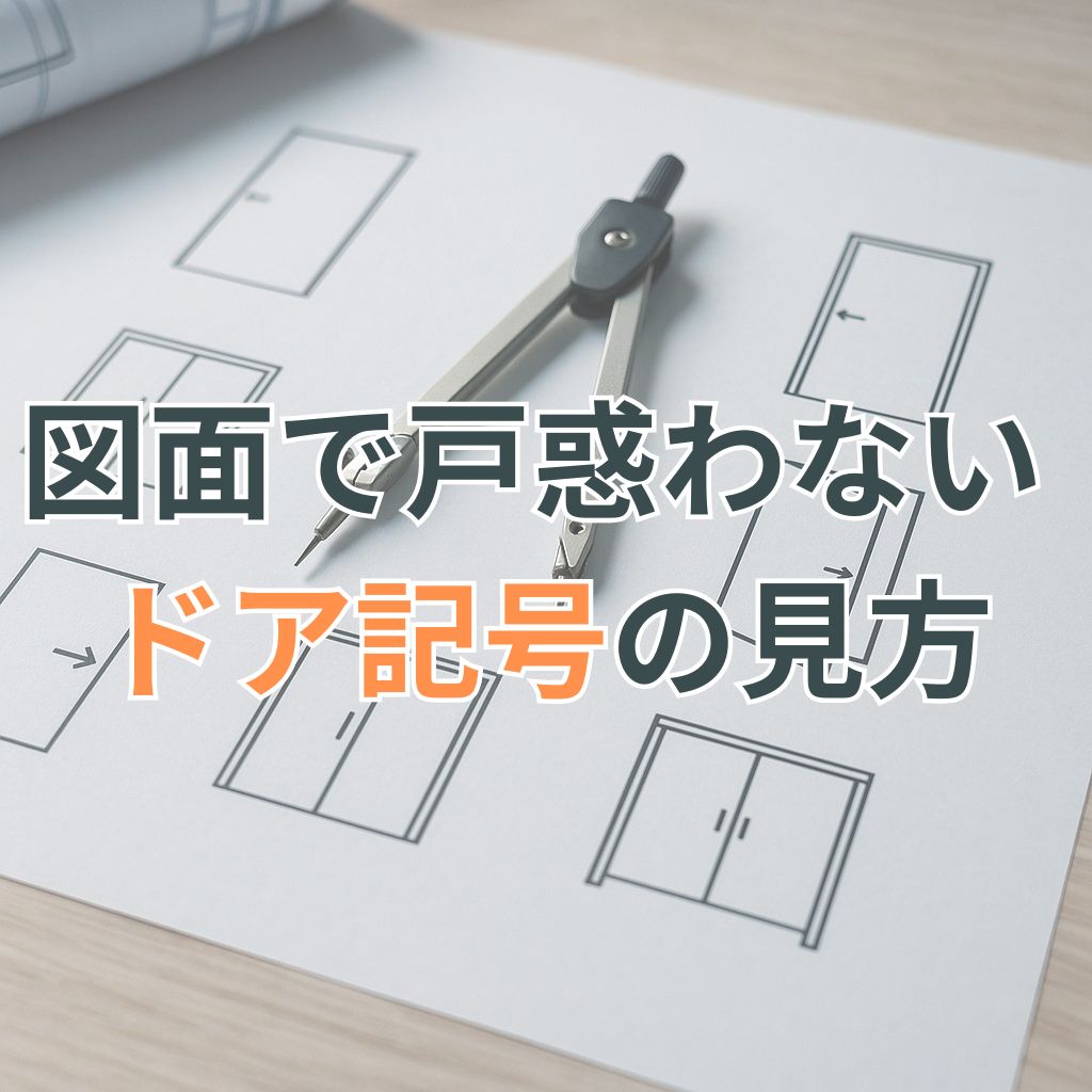 建築図面に使われるさまざまなドアの記号と設計用コンパスが並ぶ情景。