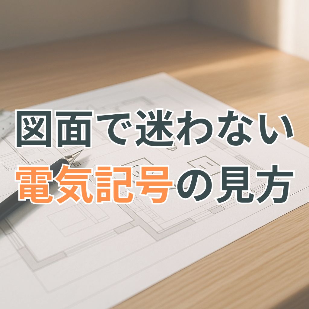 スイッチやコンセントなどの電気記号が記された建築図面と製図ペンが机上に並ぶ。