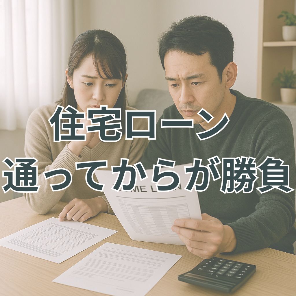 住宅ローンに関する資料を前に、夫婦が真剣な表情で将来の返済計画について話し合っている様子