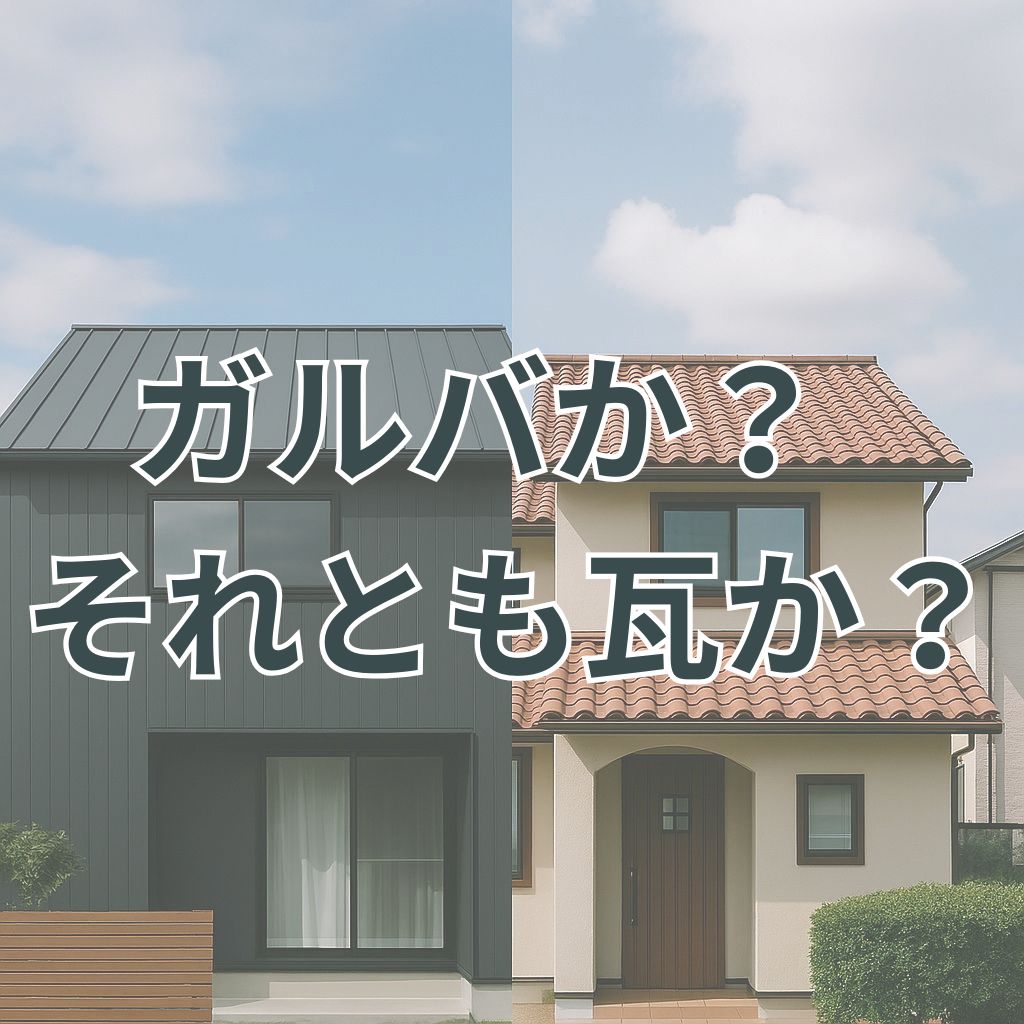 モダンなガルバリウム屋根の家と重厚感のある瓦屋根の家が左右に並んで対比された構図