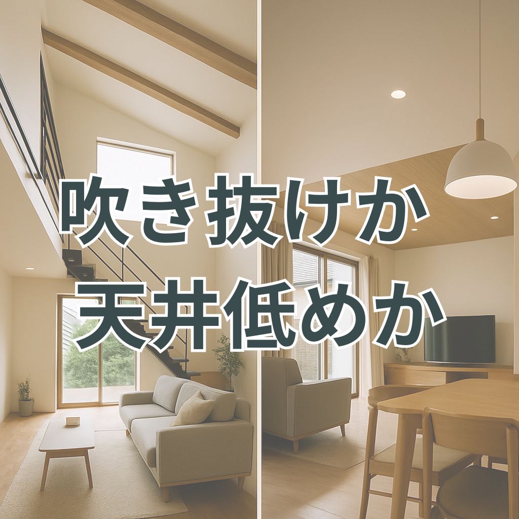 大きな吹き抜け空間と、こもった温もりある低天井空間が対比的に描かれた二方向のリビング風景