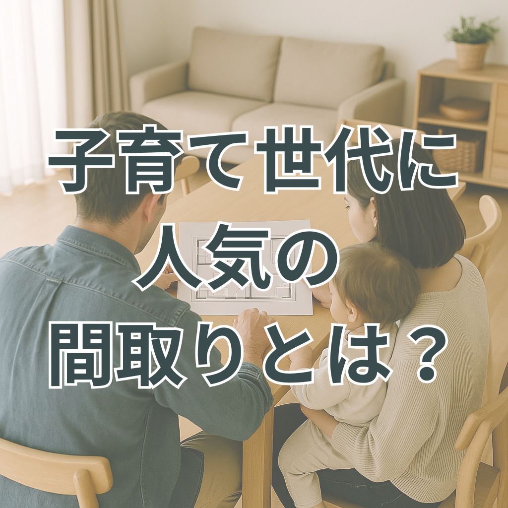 小さな子どもを抱いた夫婦が、新居の図面を見ながら真剣に相談している後ろ姿