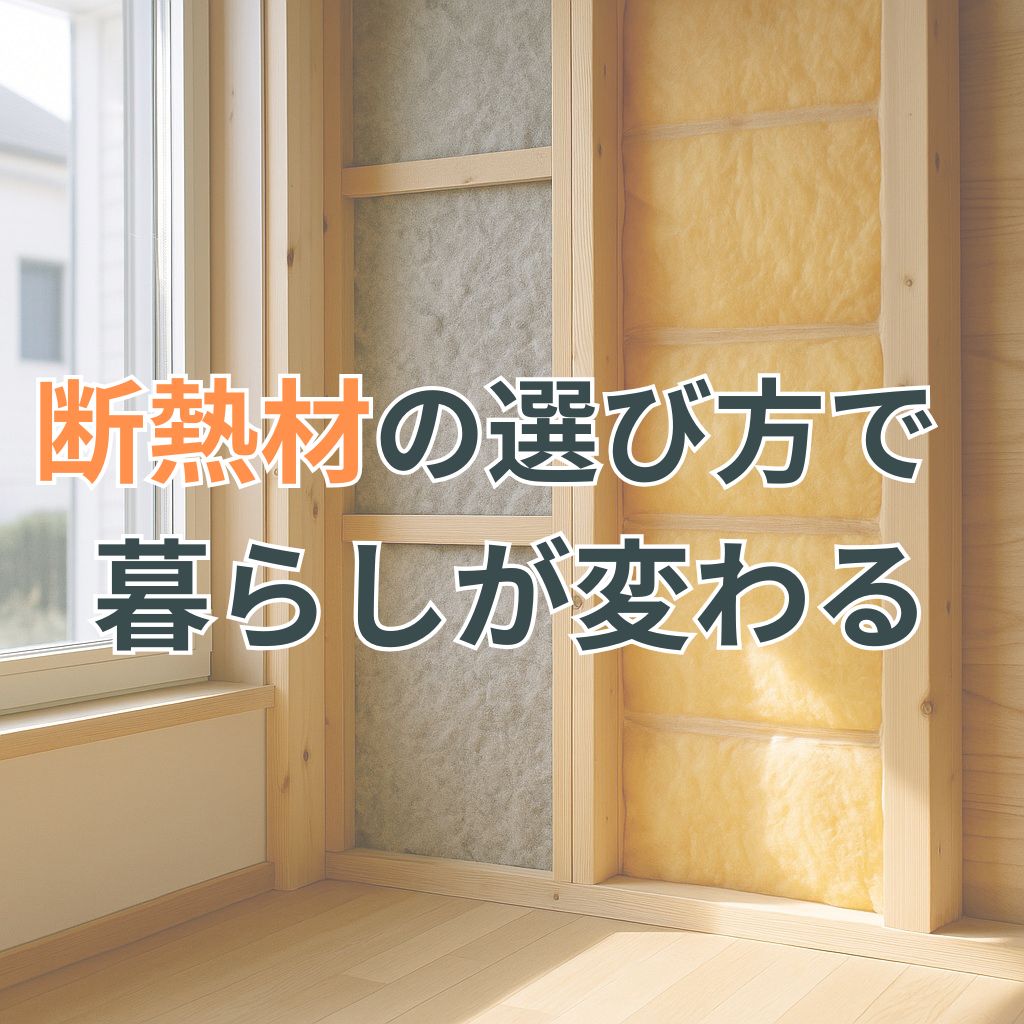 施工中の壁内にセルロースファイバーとグラスウールが並ぶ、断熱材の違いが視覚化された空間。