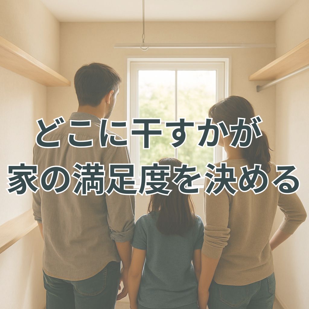 ランドリールームの計画に悩む家族が光の差し込む窓辺を見つめている後ろ姿