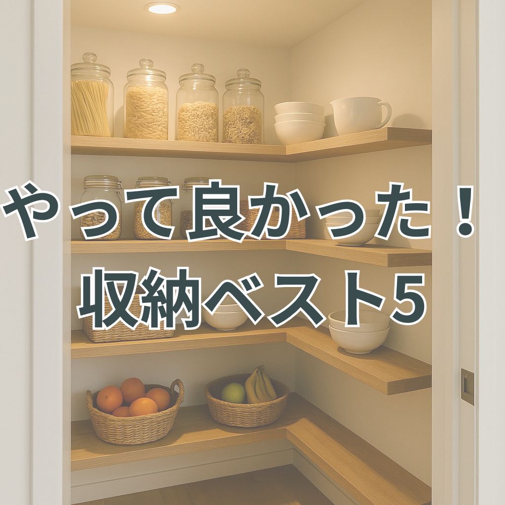 やって良かった収納ベスト5を紹介する記事のアイキャッチ画像。整ったパントリー収納が写っている。