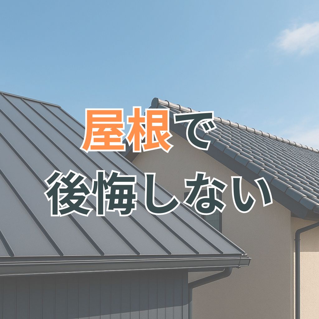 ガルバリウムと瓦の屋根が並ぶ住宅の屋根を見上げる構図で、素材の違いが明確に映し出されている。