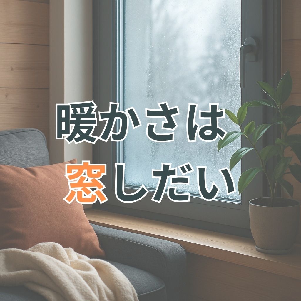 断熱性の高い窓越しに曇ったガラスと雪景色が広がり、室内は暖かなソファと観葉植物で快適に整えられている