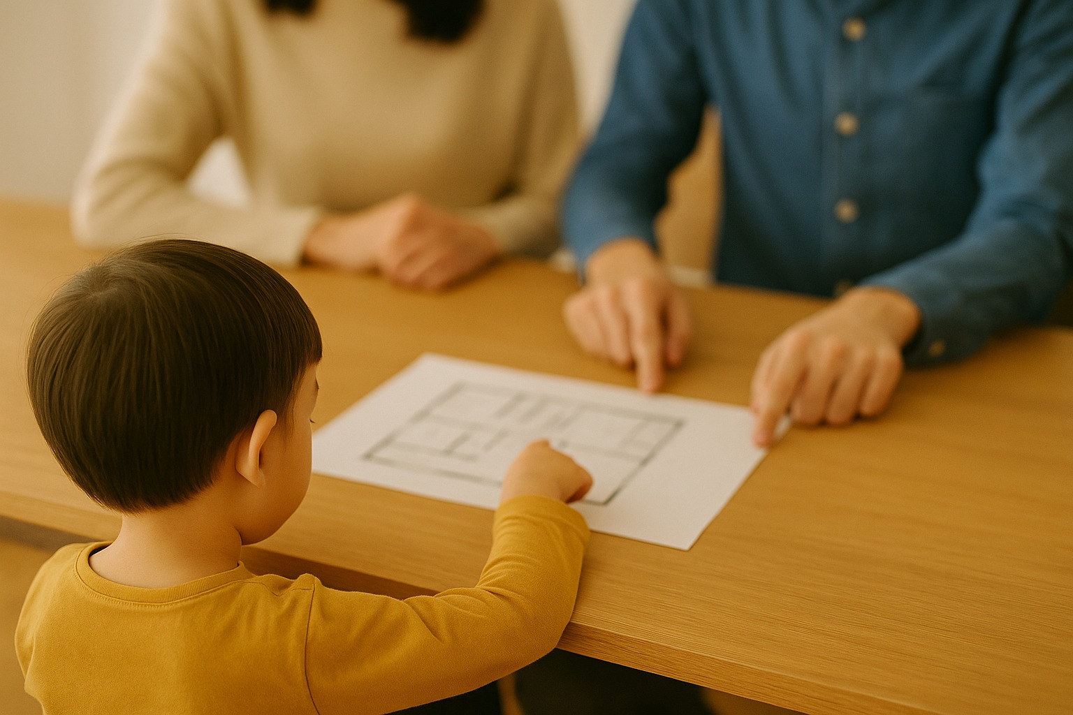 図面を見ながら「かぜがとおるようにしないと」と話す子どもと、その様子を見守る家族の打ち合わせ風景