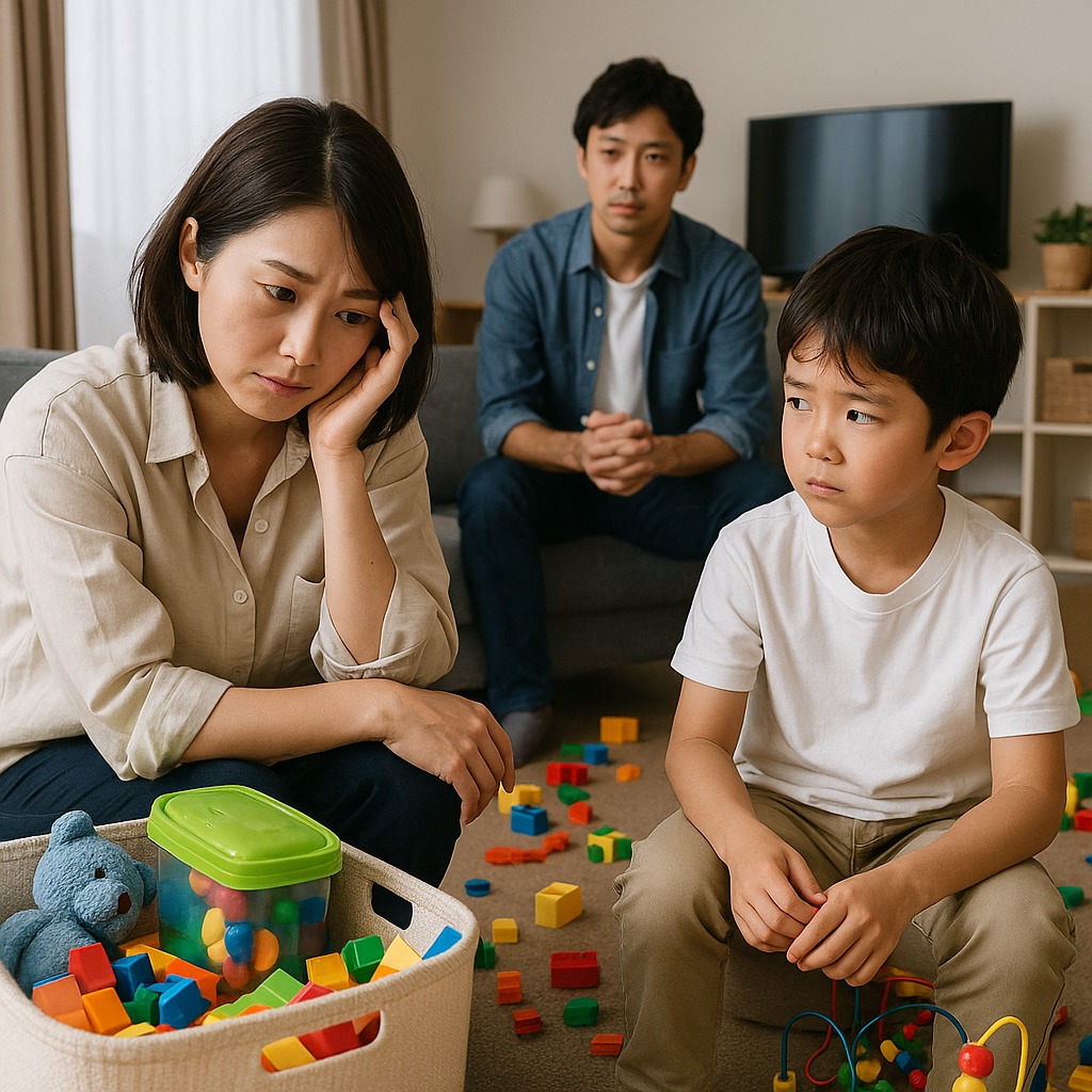 片付かないリビングで悩む日本人の母子と、静かに向き合う父親の姿