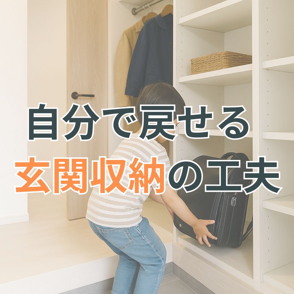 玄関土間の収納棚に黒いランドセルを戻す男の子と整った収納空間の一瞬
