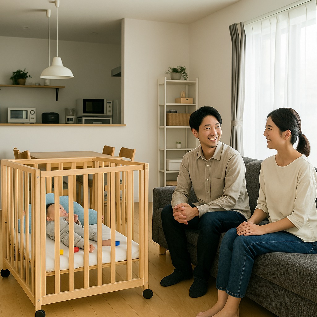 リビングの片隅にベビーベッドが置かれた共働き家庭の様子