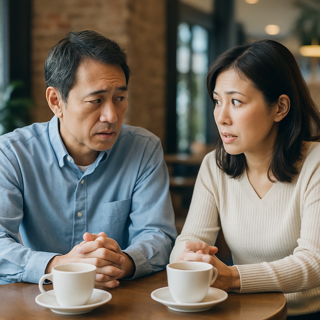 カフェで不安そうに家づくりを話し合う中年夫婦の様子