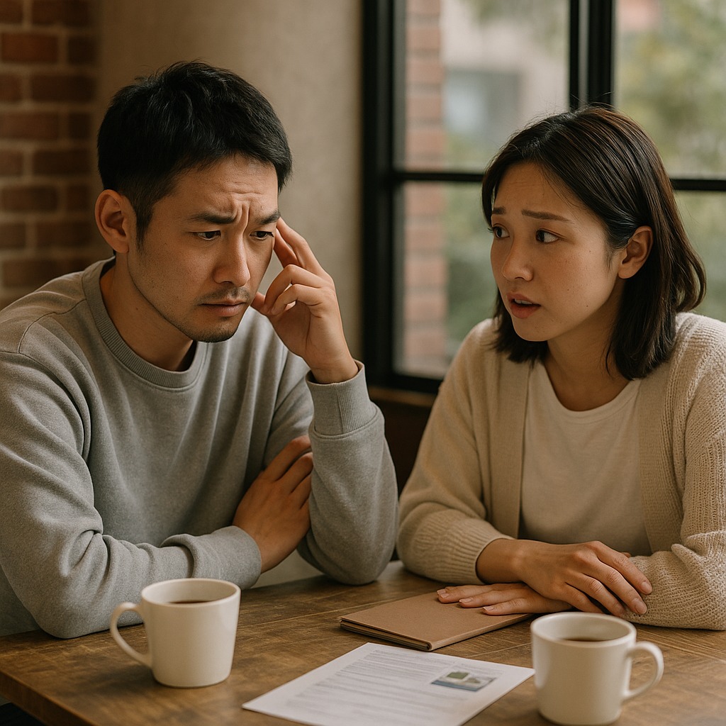 土地探しで悩むご夫婦がカフェで話し込む様子