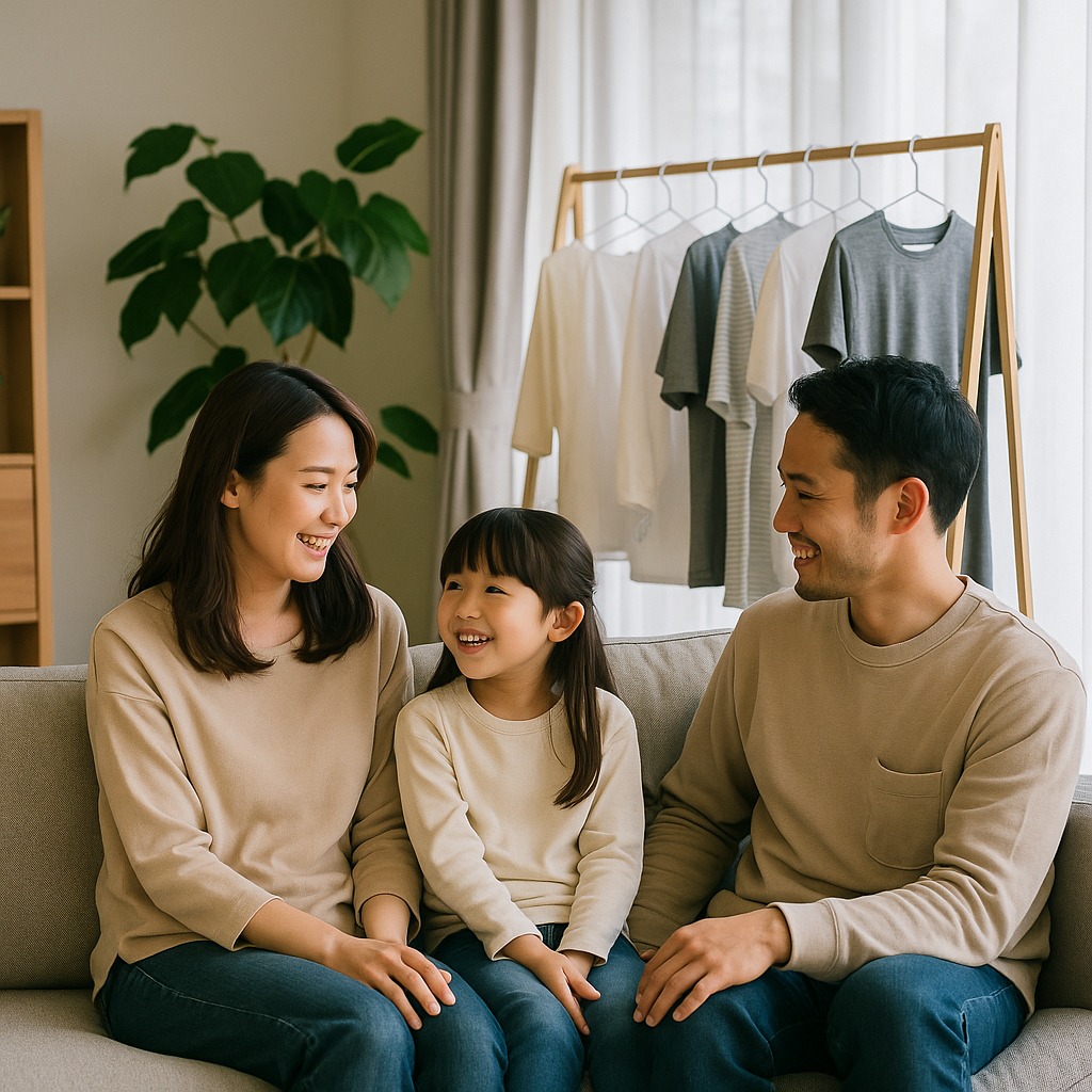 室内干しをしながら家族がリビングで過ごしている様子