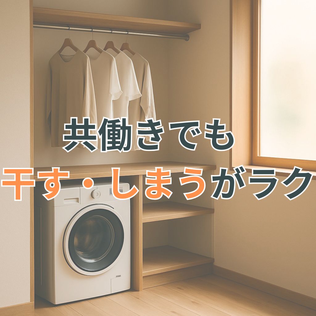 無垢材の棚と床に馴染むドラム式洗濯機と室内干しスペースが、美しい家事動線を表している。