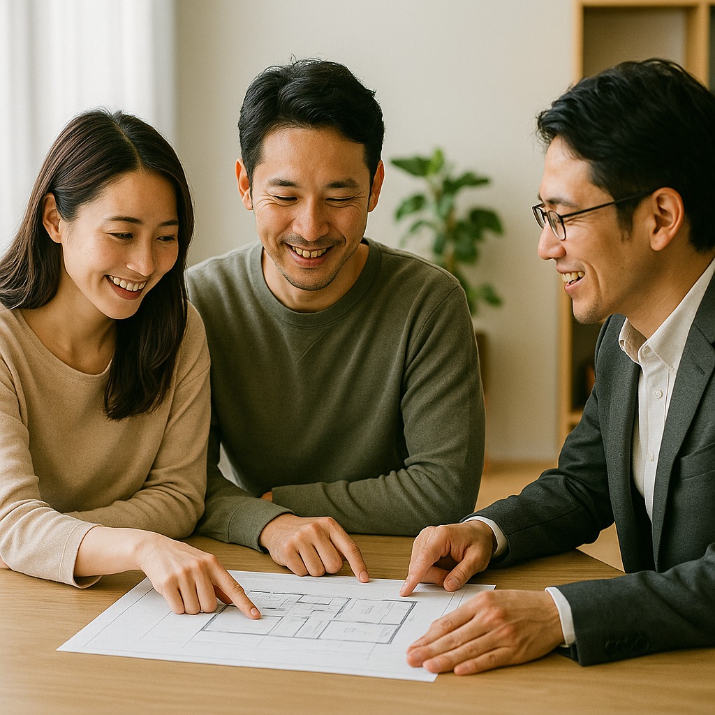 洗濯動線について施主と設計士が図面を見ながら話している様子