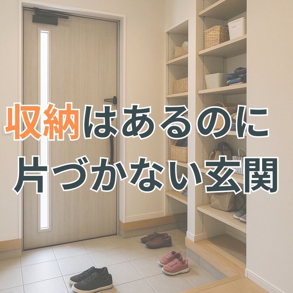 整えた収納棚に対して靴があふれた玄関が、実際の暮らしに潜む使いにくさをリアルに映し出している。
