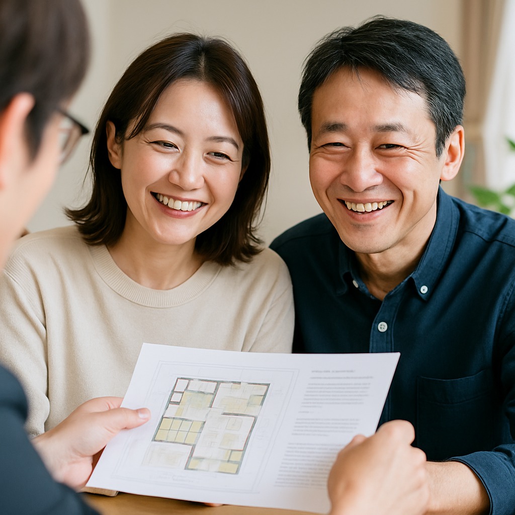 相談中に実例資料を見ながら笑顔になる施主夫婦