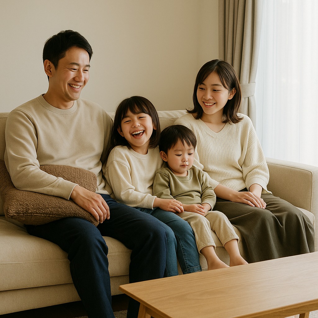 相談中に実例資料を見ながら笑顔になる施主夫婦