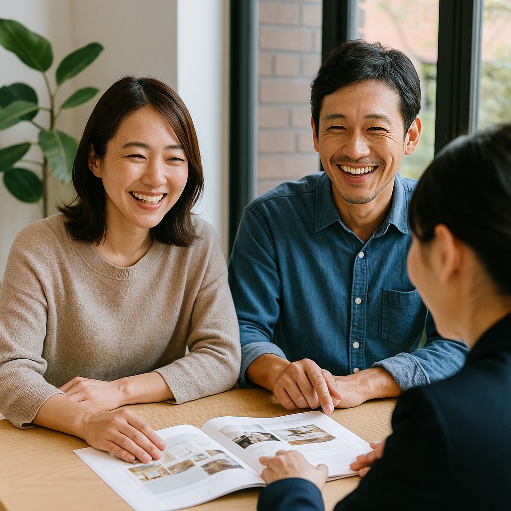 相談中に実例資料を見ながら笑顔になる施主夫婦