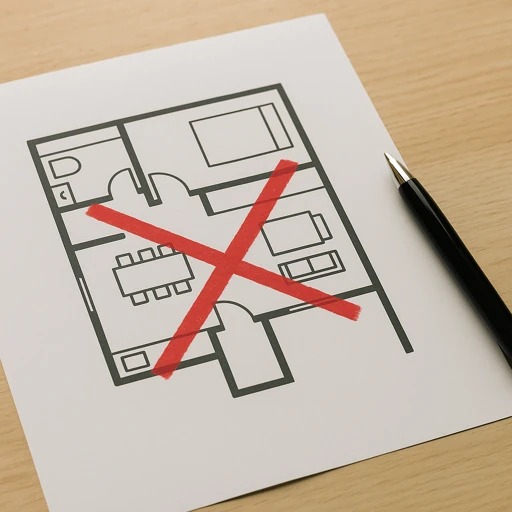 「設計段階で不採用となった注文住宅の間取り図に赤いバツ印が引かれた画像。住宅プランの見直しや間取りの失敗例を示す資料イメージ。」