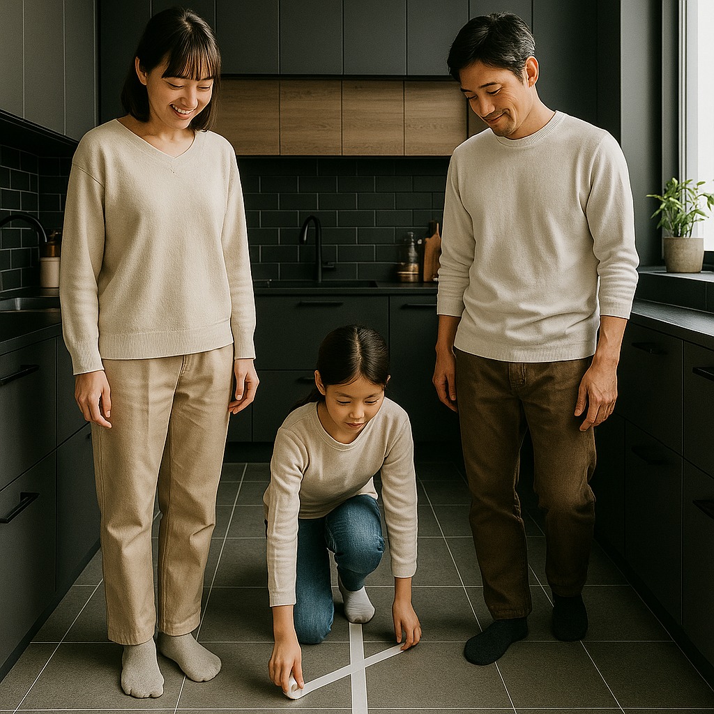 動線をシミュレーションするためにマスキングテープで通路幅を再現する家族  