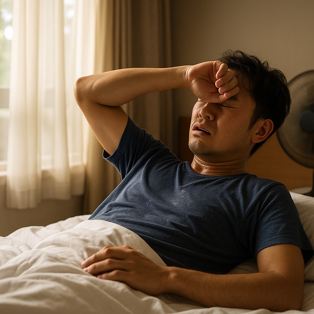 夏で汗をかきながら寝室で寝苦しそうにしている様子