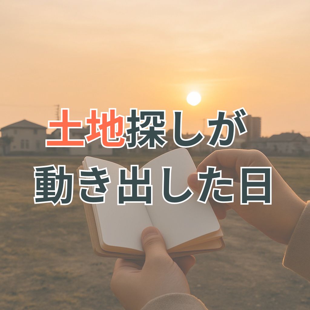 夕暮れの空き地にて手帳をめくる手元と、新しい暮らしの始まりを感じさせる風景