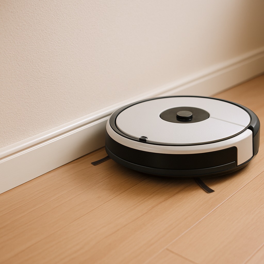 ロボット掃除機が巾木のある壁際を走行している様子