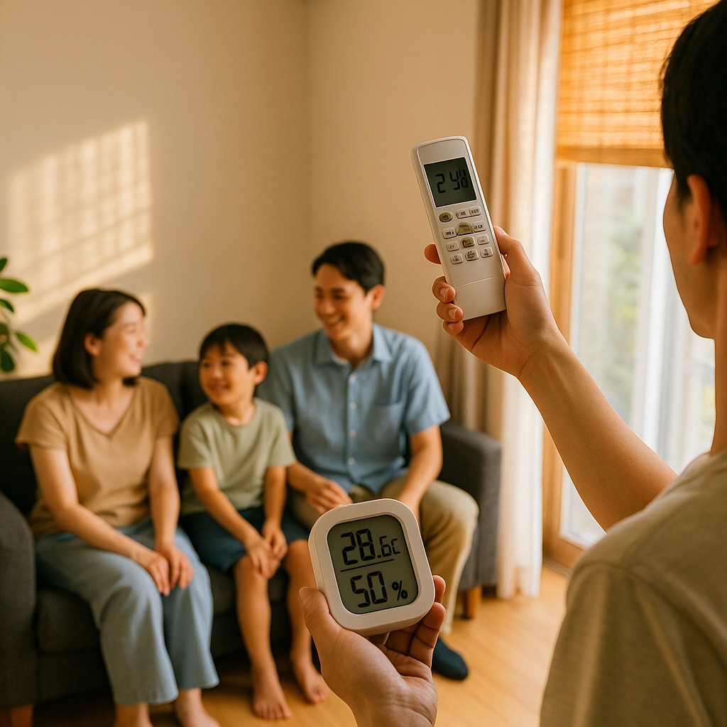 帰宅後にエアコン設定と温湿度計を確認する共働き家庭の夕方リビングの様子