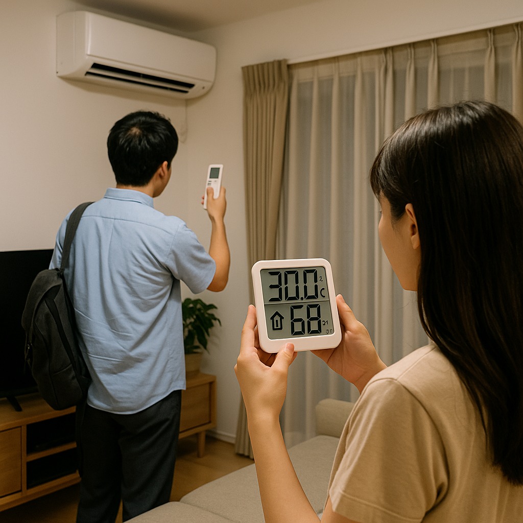 帰宅直後に温湿度計を確認しながらエアコン設定を見直す共働き家庭のリビングの様子