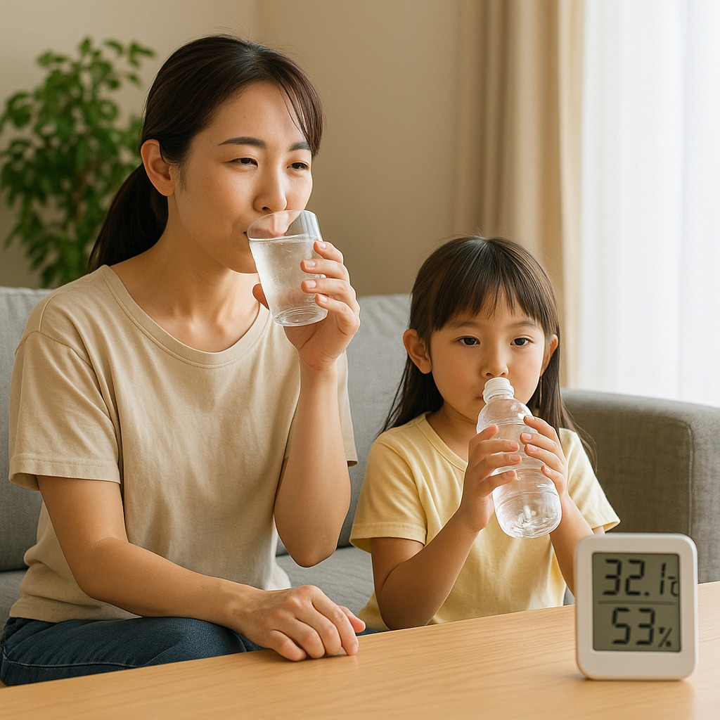 リビングで水分補給する親子と、温湿度計の置かれた室内の様子