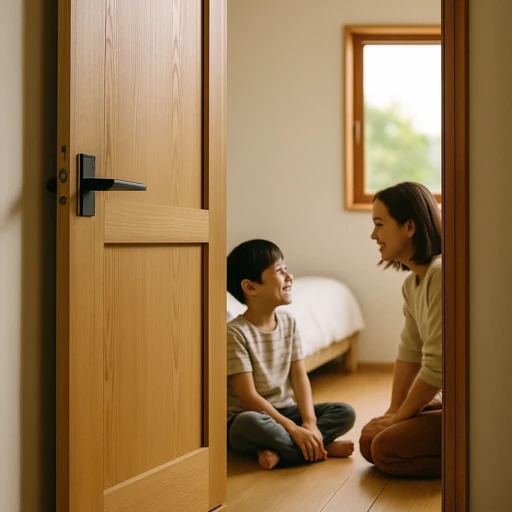 開いたドア越しに親子が笑顔で会話するこども部屋前の風景