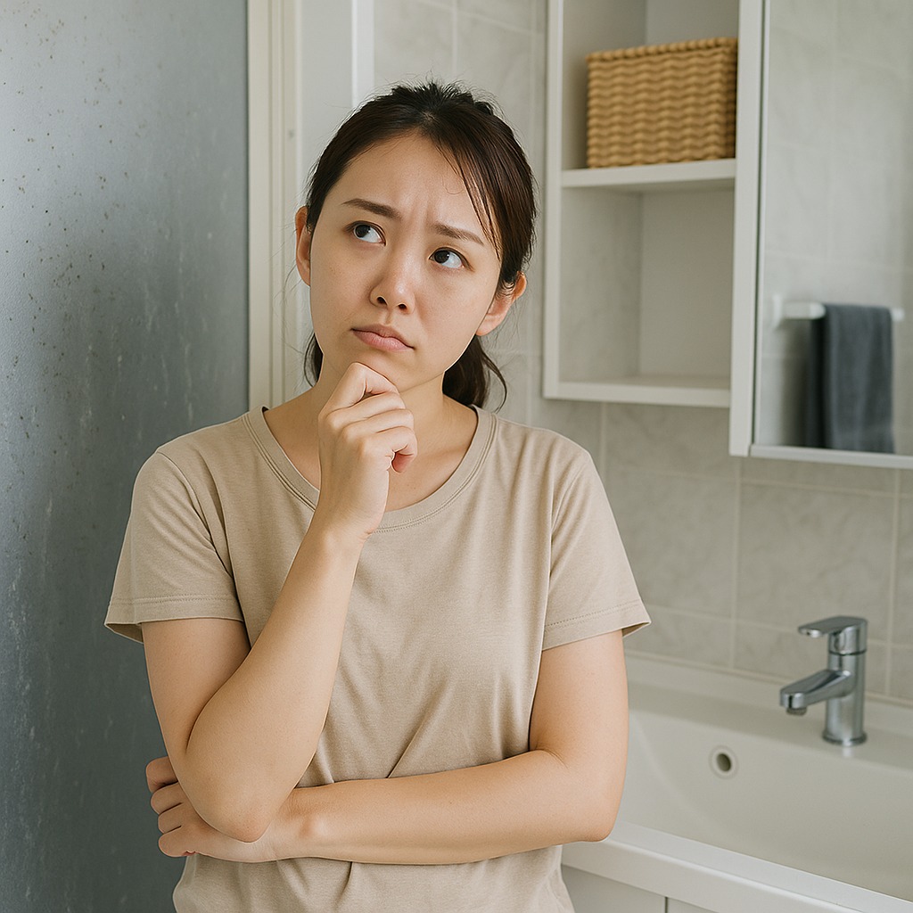 湿気が気になる洗面所でカビ予防について考える女性