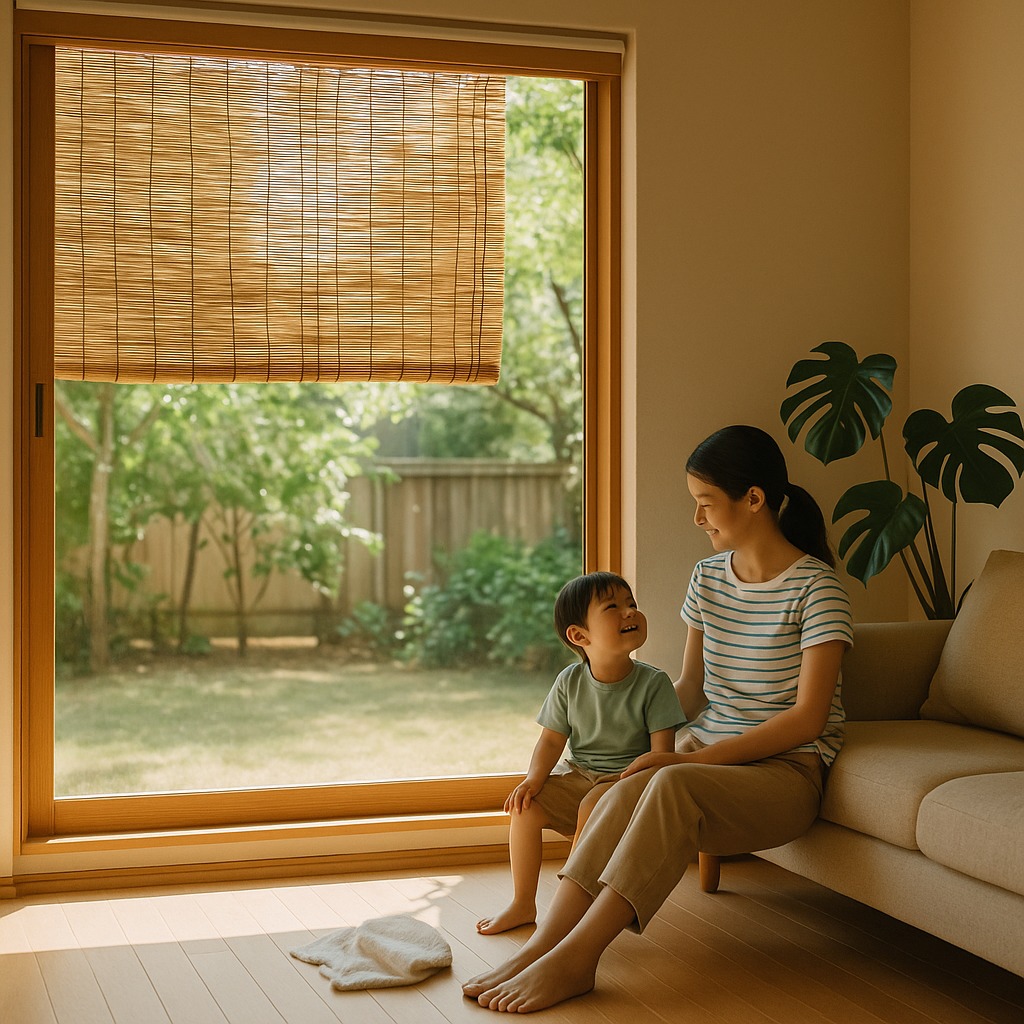 すだれ越しに光が注ぐ夏のリビングで親子が涼しさを感じながら過ごす様子