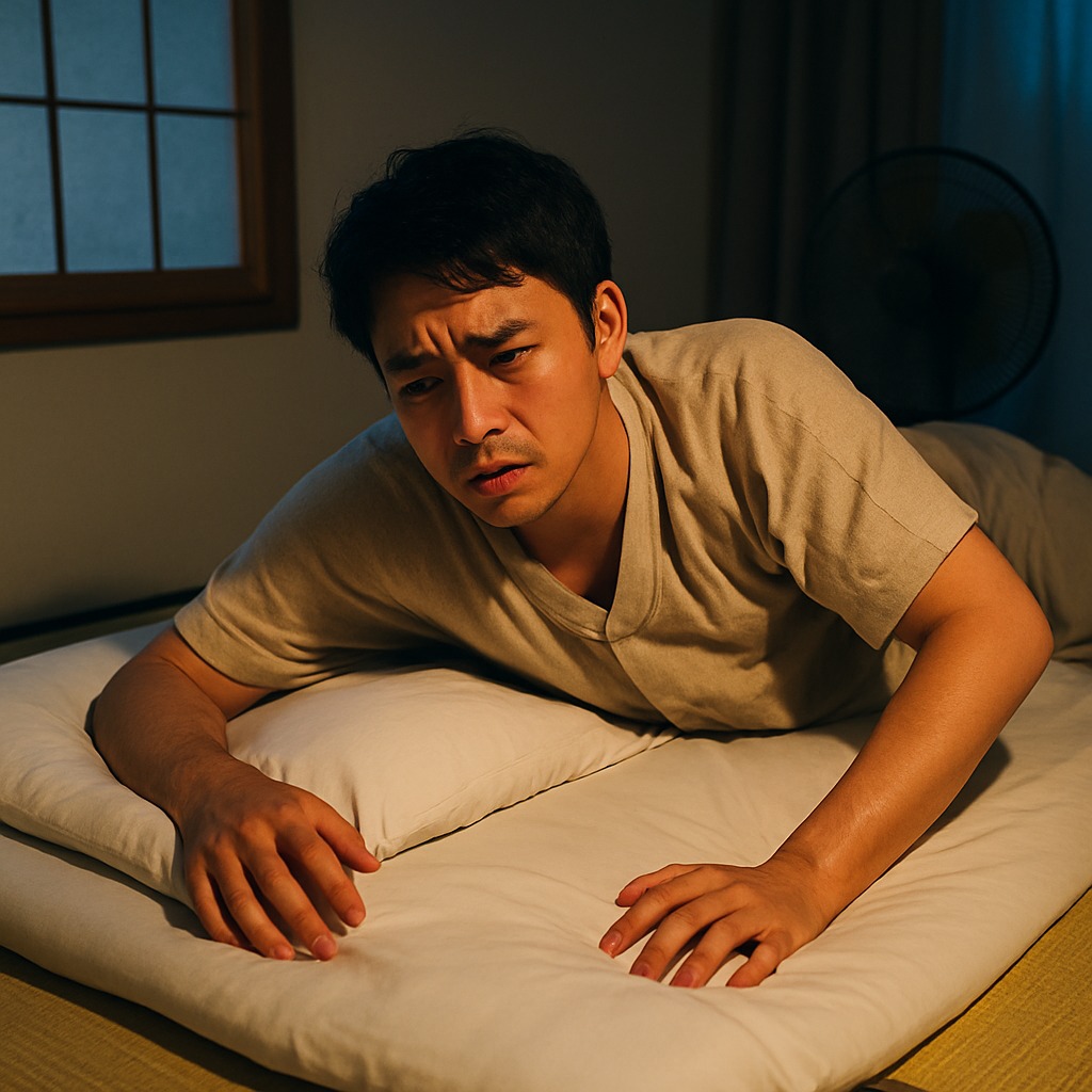 熱帯夜に寝苦しさを感じながら寝返りを打つ男性の様子