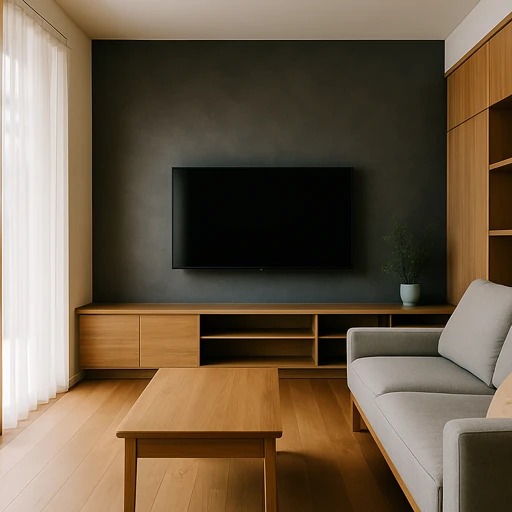 黒い壁掛けテレビと木質家具が並ぶモダンなリビングが、暮らしやすさの起点を映している。